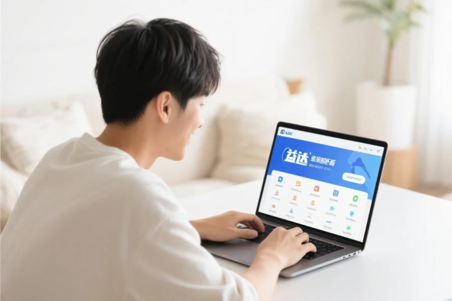 一位年轻用户在明亮舒适的室内环境中愉快地使用笔记本电脑,屏幕上展示恒行5客户端新版界面